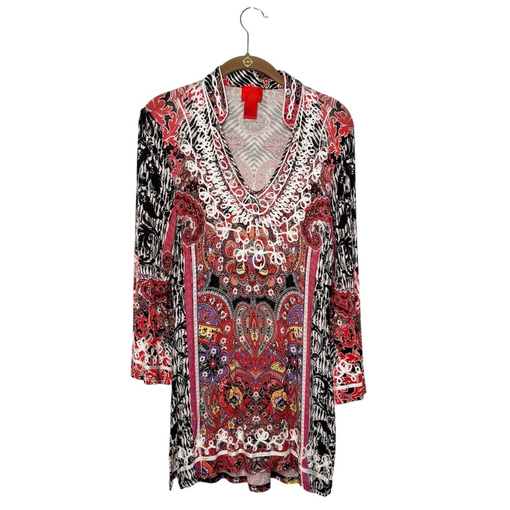 CHRISTINA V COLORFUL PAISLY FLORAL TUNIC TOP SZ M